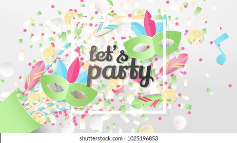 Exploding party confetti popper with white square frame, paper art/paper cutting style, Rio carnival theme, pastel green tone