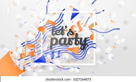 Exploding party confetti popper with white square frame, paper art/paper cutting style, music festival theme, pastel blue and orange tones
