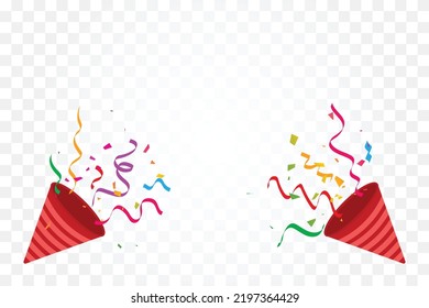 Explodierende Party Popper mit bunten Konfetti und Band einzeln auf weißem Hintergrund. Alles Gute zum Geburtstag und zum Neujahr. Vektorgrafik 