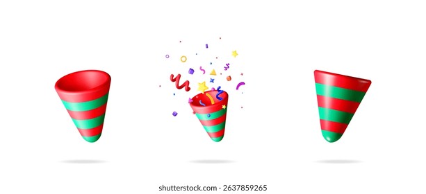 Exploding party popper with colorful confetti, abstract shapes, fun, and celebration. New year, Christmas, birthday concept.