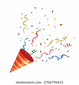 Popper de festa explosiva com confetes coloridos e ilustrações vetor streamers isolados no fundo branco