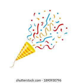 Exploding party popper cone with confetti isolated on white background. Festive concept. Celebration, holiday, birthday, Christmas, New Year symbol. Vector cartoon illustration.