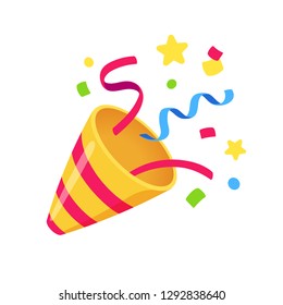 Exploding party popper with confetti, bright cartoon birthday cracker. Isolated vector illustration of celebration symbol emoji.