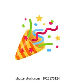 Exploding party popper with confetti, bright cartoon birthday cracker. Isolated vector illustration of celebration symbol emoji