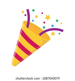 Exploding party popper with confetti, bright cartoon birthday cracker. Isolated vector illustration of celebration symbol emoji.