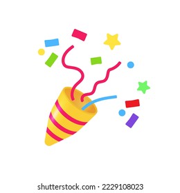 Exploding party popper with confetti, bright cartoon birthday cracker