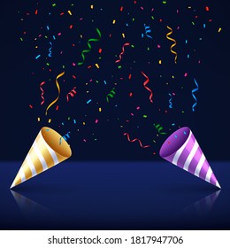 Exploding party popper with confetti. Celebrate out of party. Vector. 

