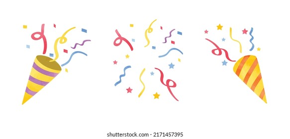 Explosión de la pimienta de la fiesta con un clíparte de confeti. Conjunto de coloridos poppers partidistas y confeti acuarela ilustraciones vectoriales aisladas en fondo blanco. Clásico de dibujos animados de decoración de fiestas