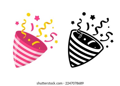 Exploding party popper with confetti. Party popper emoji icon. The element of celebrating any holiday. Party popper icon. Isolated on white. Vector illustration