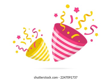 Exploding party popper with confetti. Party popper emoji icon. The element of celebrating any holiday. Party popper icon. Isolated on white. Vector illustration