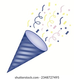 Exploding party popper with confetti, golden stars and paper ribbon, bright cartoon birthday cracker