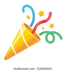 Exploding party popper with confetti, Isolated cartoon birthday cracker.