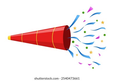 Exploding party popper with confetti, isolated on a white background, vector illustration, side view