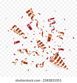 Exploding party popper with confetti and ribbon. Celebration carnival shiny glitter, luxury greeting card. Vector illustration.