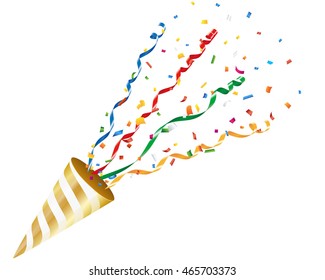 Exploding party popper with confetti and streamer on white background