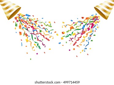 Exploding party popper with confetti and streamer on white background