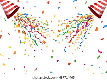 Exploding party popper with confetti and streamer on white background