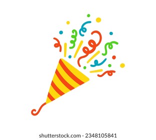 Exploding party popper. Cracker with colorful confetti. Festive firecracker icon. Popping ribbon confetti. Cracker for celebrating christmas birthday. Vector illustration isolated on white background.