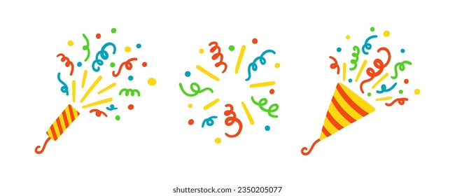 Exploding party popper. Cracker with colorful confetti. Festive firecracker icon. Popping ribbon confetti. Cracker for celebrating christmas birthday. Vector illustration isolated on white background.