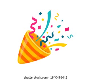 Exploding party popper. Flapper with confetti and streamers. Popper flat icon. Simple element for celebrating holiday. Vector illustration.