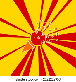 Exploding party popper on a background of red flash explosion radial lines. A large orange symbol is located in the center of the sunrise. Vector illustration on yellow background