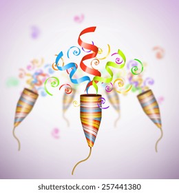 Exploding Party Popper On Blurred Background. Vector Illustration.