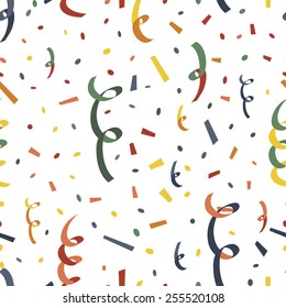 Exploding party popper with serpantin and confetti on white seamless pattern