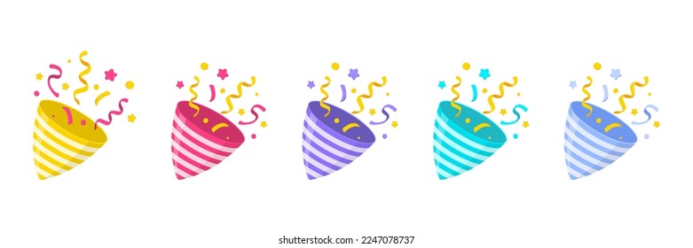 Exploding party poppers set with confetti. Party popper emoji icon. The element of celebrating any holiday. Party popper icon. Isolated on white. Vector illustration