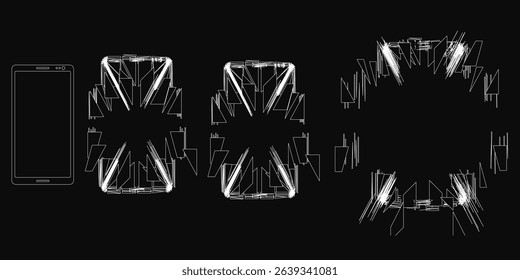 Exploding phone are shown in a black and white illustration. The shapes are all different sizes and are arranged in a way that creates a sense of depth and dimension.