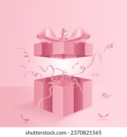 An exploding pink gift box filled with ribbon sprinkles comes out. Vector pink background box