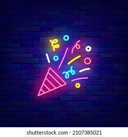 Exploding Popper Neon Icon. Happy Birthday Concept. Flapper With Confetti And Streamers. Outer Glowing Effect Banner. Holiday Celebration Design On Brick Wall. Luminous Label. Vector Illustration