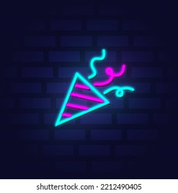 Exploding Popper Neon Icon. Happy Birthday Concept. Flapper With Confetti And Streamers. Outer Glowing Effect Banner. Holiday Celebration Design On Brick Wall. Luminous Label. Vector Illustration