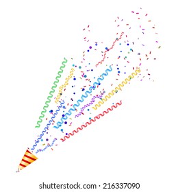 Exploding poppers with serpnatinom and confetti isolated on white background. Vector illustration.