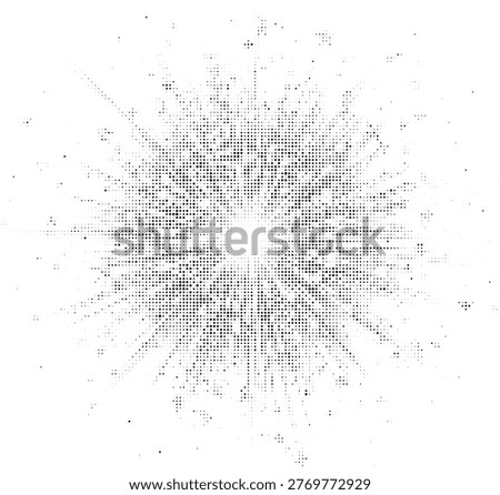 Exploding radial halftone dots form a starburst pattern on transparent background, offering a captivating visual effect.
