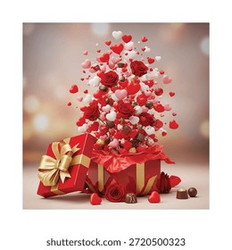 Caja de regalo roja explosiva con corazones, rosas y chocolates para la sorpresa romántica del día de San Valentín
