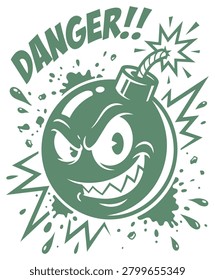 Exploding round bomb character with fierce grin and burning fuse. Retro comic style danger sign with splatters and sparks. Aggressive explosive personality in flat green monochrome design.