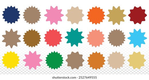 Conjunto de adesivos de estrela explosiva. Estrela ajustada. Ícones de estrela. Sinal de venda de flores explodindo. Adesivo de estrela em branco, logo do adesivo. Ilustração do ícone Brilhar. Quadros de raios solares. Vetor editável