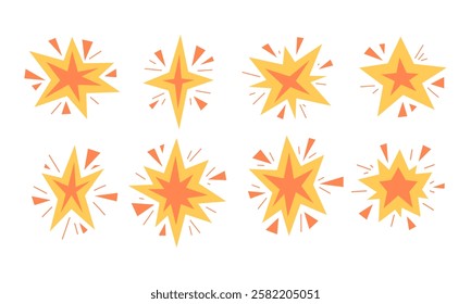 Exploding Starburst Comic Style Impact. A collection of 8 dynamic exploding starburst shapes in bold yellow and orange tones. Perfect for comic-style effects, stickers, and energetic graphic designs