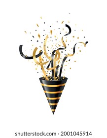 Exploding with streamers and confetti party popper in black and golden color realistic vector illustration