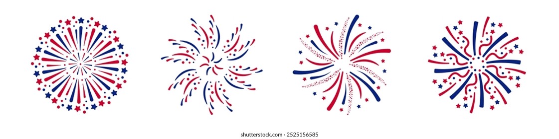Exploding USA Fireworks Set of fireworks with a red and blue stars and sparks . United states of america independence day fireworks. Red, blue fireworks for 4th of July .