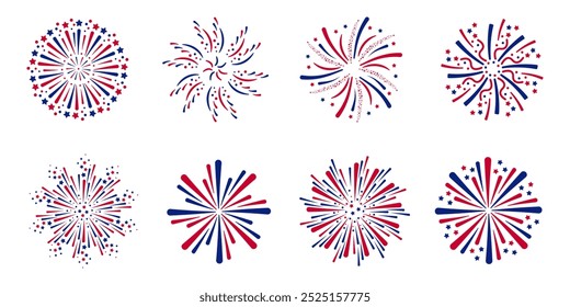 Exploding USA Fireworks Set of fireworks with a red and blue stars and sparks . United states of america independence day fireworks. Red, blue fireworks for 4th of July .