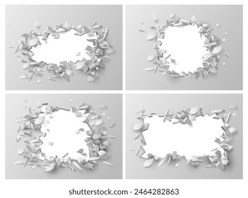 Exploding wall with fractures and breaks, falling plaster, building concrete or bricks. Vector isolated realistic copy space revealed on destroyed wall. Demolition and rebuilding, broken hole