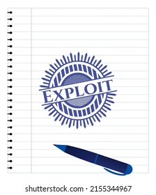 Exploit drawn with pen strokes. Blue ink. Vector Illustration. Detailed. 