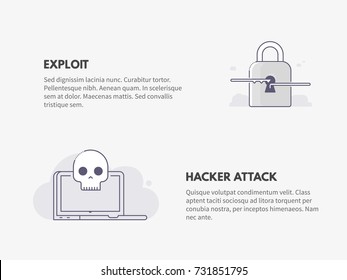 Exploit and Hacker attack. Cyber security concept. Vector thin line illustration design.