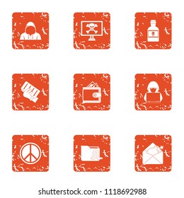 Exploit icons set. Grunge set of 9 exploit vector icons for web isolated on white background