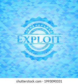 Exploit realistic sky blue emblem. Mosaic background. 