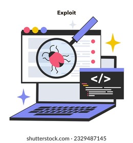 Exploit software tool. Software bug or vulnerability break out. Cyber attack with malware. Vulnerability in a computer system for malicious purposes. Flat vector illustration