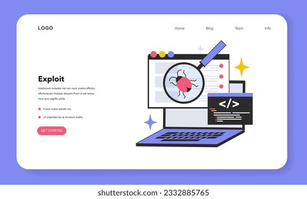 Exploit software tool web banner or landing page. Software bug or vulnerability break out. Cyber attack with malware. Vulnerability in computer system for malicious purposes. Flat vector illustration