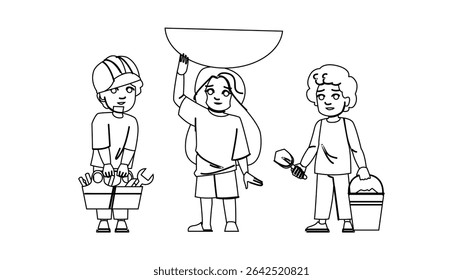 exploitation child labor stop vector. slavery work, poverty anti, worker forced exploitation child labor stop character. people black line pencil drawing illustration