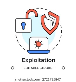 Icono de concepto multicolor de explotación. Vulnerabilidad del sistema. Cifrado de datos, conexión segura. Ilustración de línea de forma redonda. Abstractas idea. Diseño gráfico. Fácil de usar en folleto, folleto